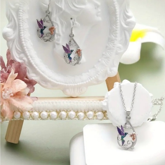 Blue Hummingbird Teardrop Necklace & Earrings Set NWT - Picture 7 of 8